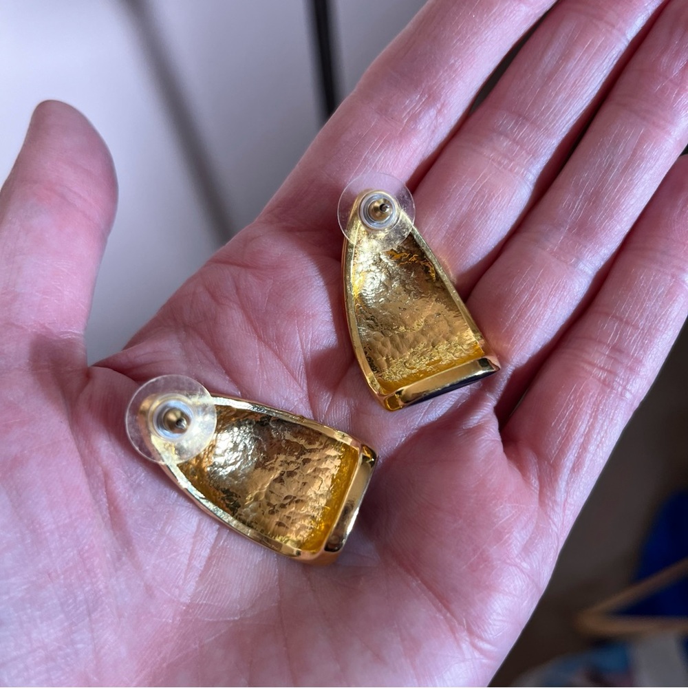 Vintage 1980 90 retro Heavy Gold Red Blue Byzantine oversized Half hoop Earrings - Picture 6 of 13